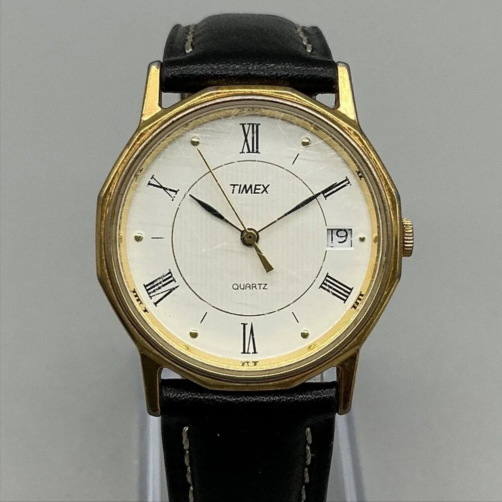 Vintage Timex Womens Watch 31mm Gold Tone Black Leather Date New Battery